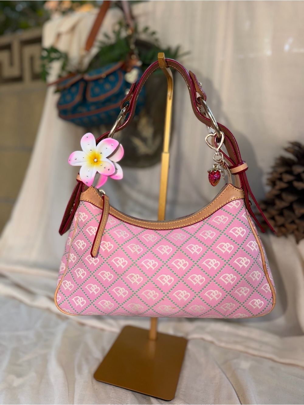 Dooney & Bourke Pink Monogram Shoulder Bag with Tan Trim